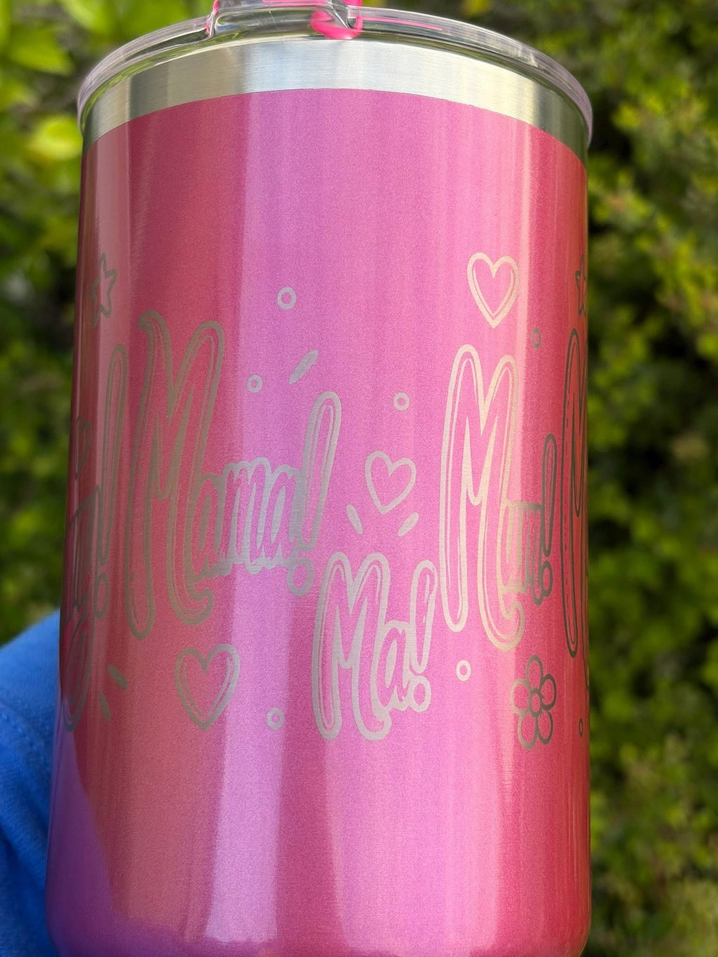 Ombre Pink Metallic Tumbler: "Ma! Mama!" Lettering, Heart Accents – Mother's Day Gift