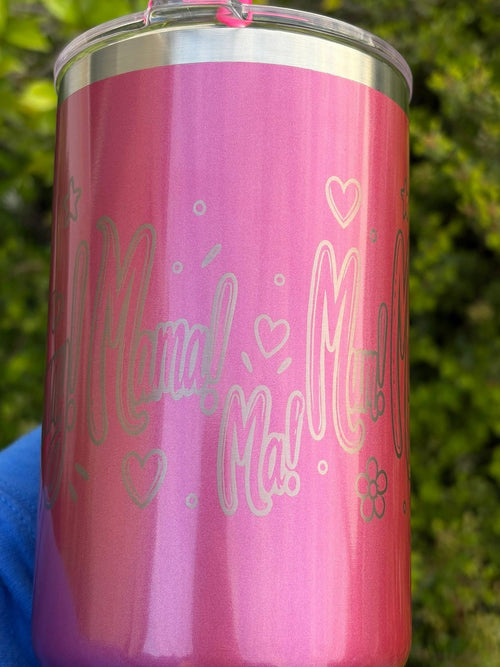 Ombre Pink Metallic Tumbler: "Ma! Mama!" Lettering, Heart Accents – Mother's Day Gift